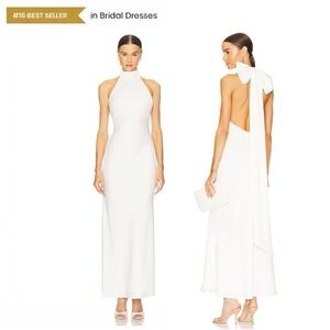 MISHA COLLECTION x Revolve White Satin Backless Bow Halter Wedding Dress Gown 0